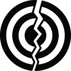 A black and white concentric circle design with a jagged crack running vertically through the center