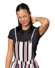 Young Filipino woman in studio suffering neck pain due to sedentary lifestyle.