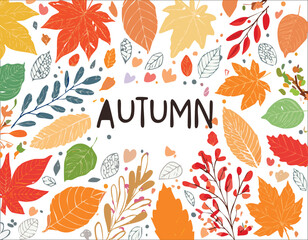 Obraz premium Autumn abstract colorful Background. Fall season and Thanksgiving theme. Editable vector templates with leaves and geometric pattern. Nature elements for poster, banner, cover, card, Sale, advertising