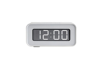 Digital alarm clock with glowing LED display showing 12:00, isolated on white background.