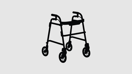 A silhouette of a wheeled walker with a seat and handles on a plain light gray background surface