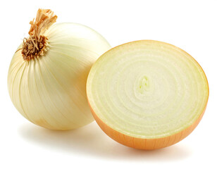 Whole onion and sliced onion showing its layers on a white surface