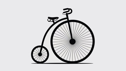A simplistic graphic of a black penny farthing bicycle with a large front wheel design on white background