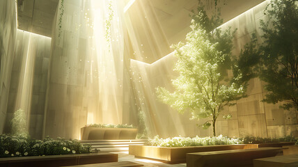 A serene indoor sanctuary with sunlit trees and minimalistic design creates a peaceful atmosphere.