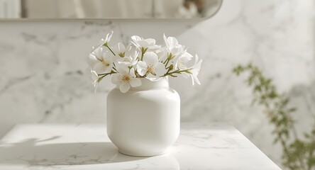 White flowers in a modern white vase on a marble surface, minimalist decor.