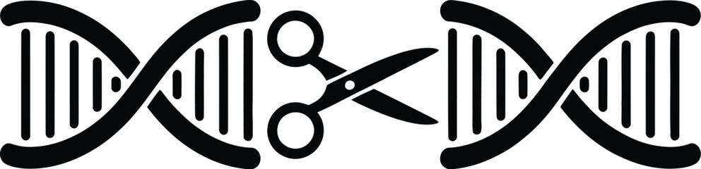 A black and white graphic of a pair of scissors cutting a dna strand in half on a white background