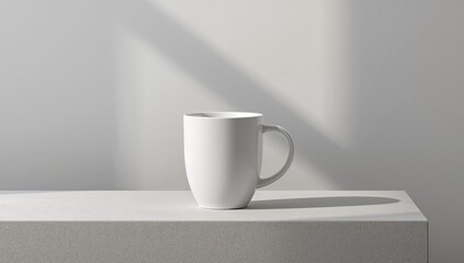 White Mug on a Platform with Subtle Light and Shadow, Minimalist Still Life.