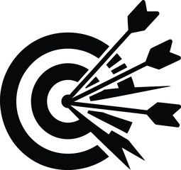 A black and white target with three arrows hitting the bullseye in a minimalist vector illustration