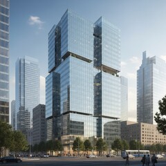 Fototapeta premium Modern glass wall commercial buildings exterior. 