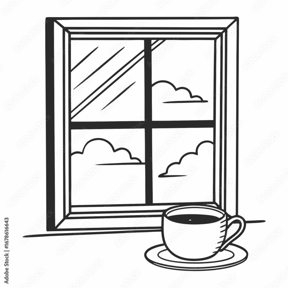 Poster minimilist a window view with clouds and a cup of coffee sitting on the windowsill in black and whit