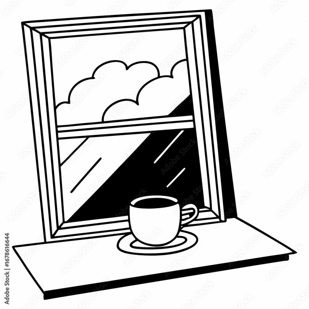 Poster minimilist a cup of coffee on a windowsill with a view of clouds through the window in black and whi