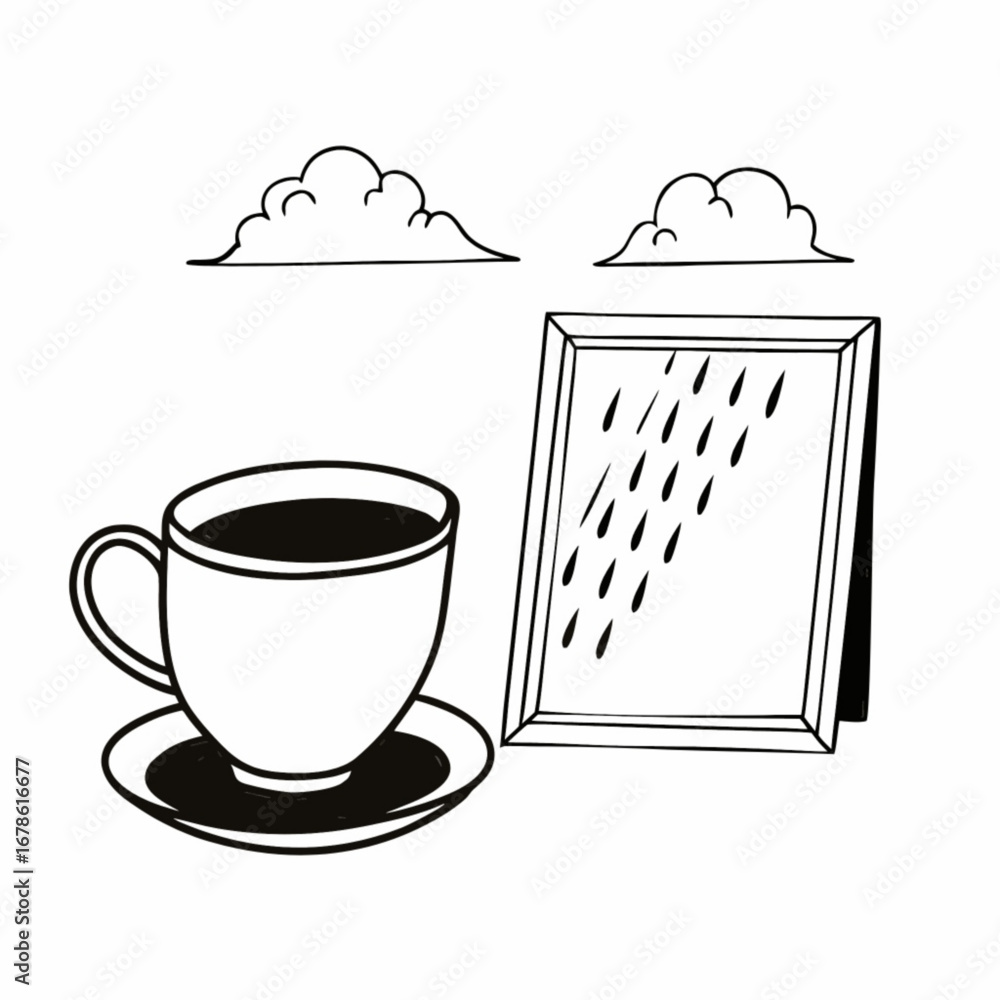 Poster minimilist a cup of coffee with a saucer next to a framed picture of rain and two clouds in the back
