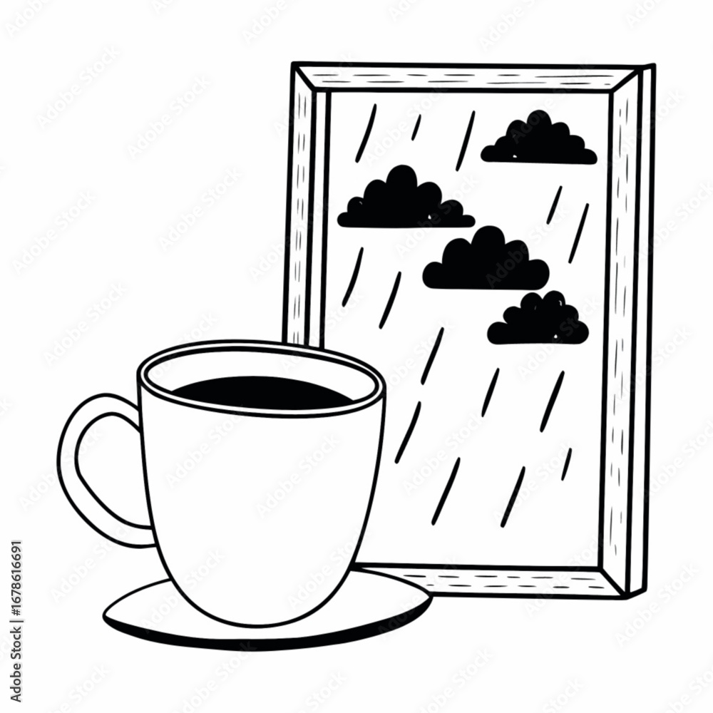 Poster minimilist a cup of coffee on a saucer next to a window with rain and clouds in black and white styl