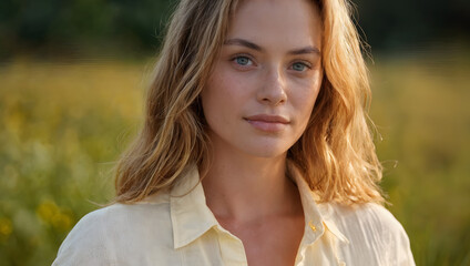 Naklejka premium This beautiful outdoor portrait captures a young woman with light-colored hair and striking blue eyes. She stands in a field bathed in the warm, soft light of the golden hour.