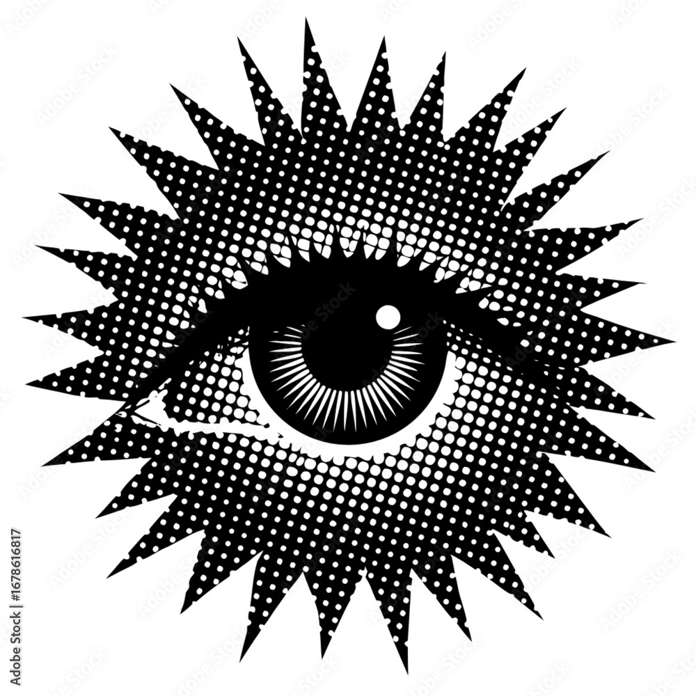Poster minimilist stylized eye with radiating dotted pattern and sharp triangular extensions in black and w