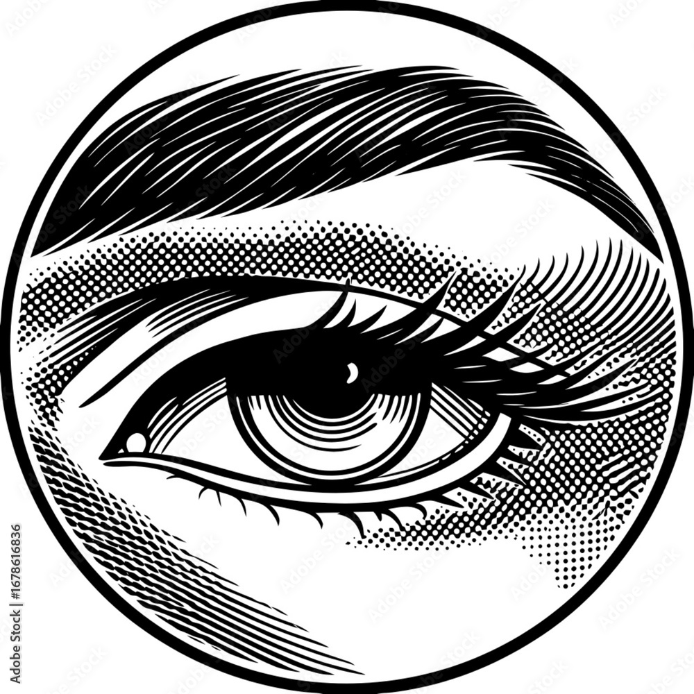 Poster minimilist stylized eye with lashes and eyebrow in circular frame with halftone and line art renderi