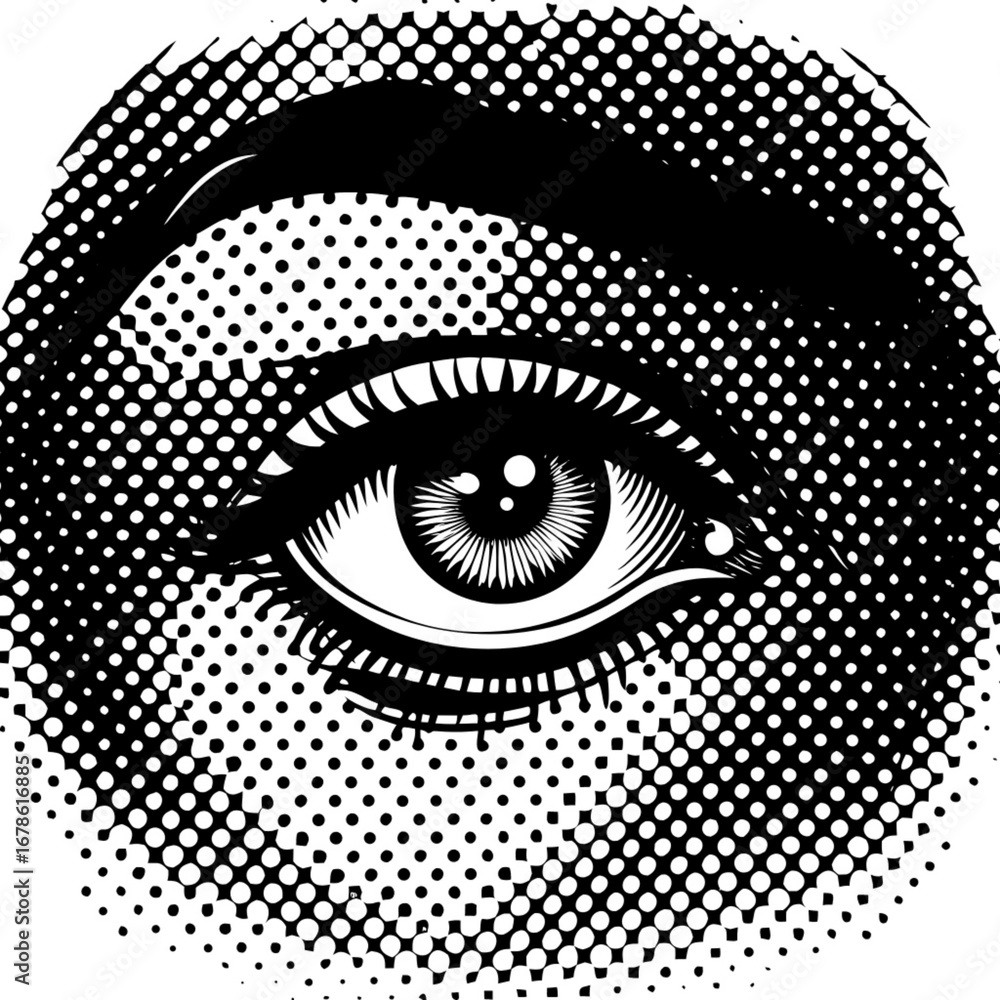 Poster minimilist close up of a stylized eye with halftone pattern and eyebrow in black and white design st