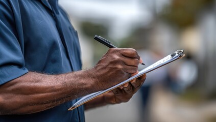 Close-up of person taking notes outdoors