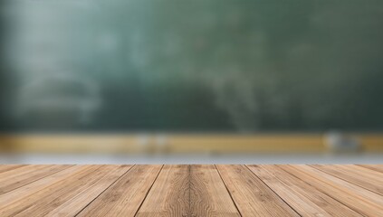 Wooden Table Surface with Blurred Classroom Background, Perfect for Product Mockups.
