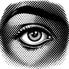 Minimilist close up of a stylized eye with halftone pattern and eyebrow in black and white design style vector
