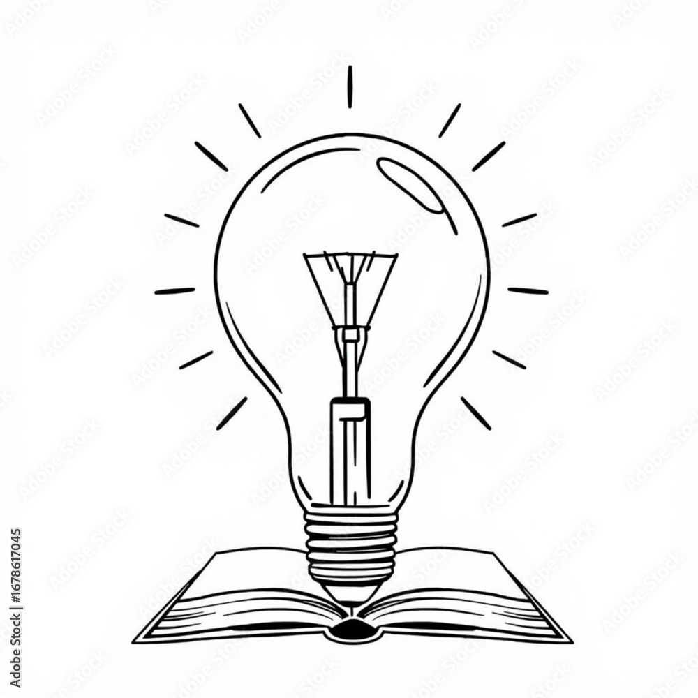 Poster minimilist illustration of a lightbulb emitting rays placed on top of an open book in black and whit