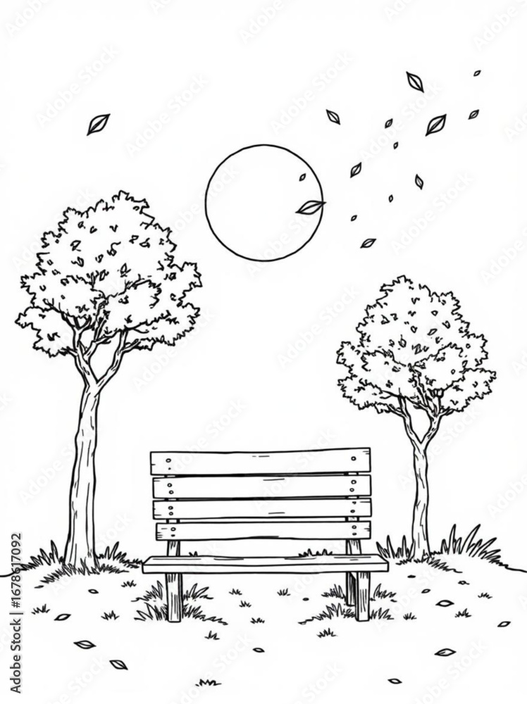 Poster minimilist illustration of a park bench between two trees with leaves falling and a circle in the ba