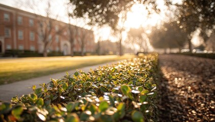 Sunny campus walkway bordered by vibrant greenery