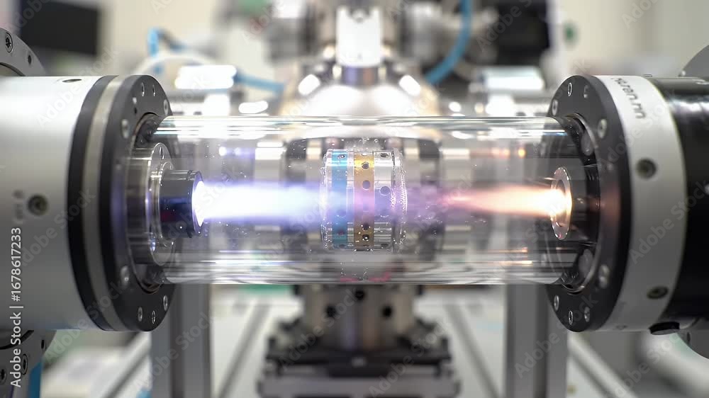 Poster close up production of futuristic ion propulsion system with plasma discharge and technological prec