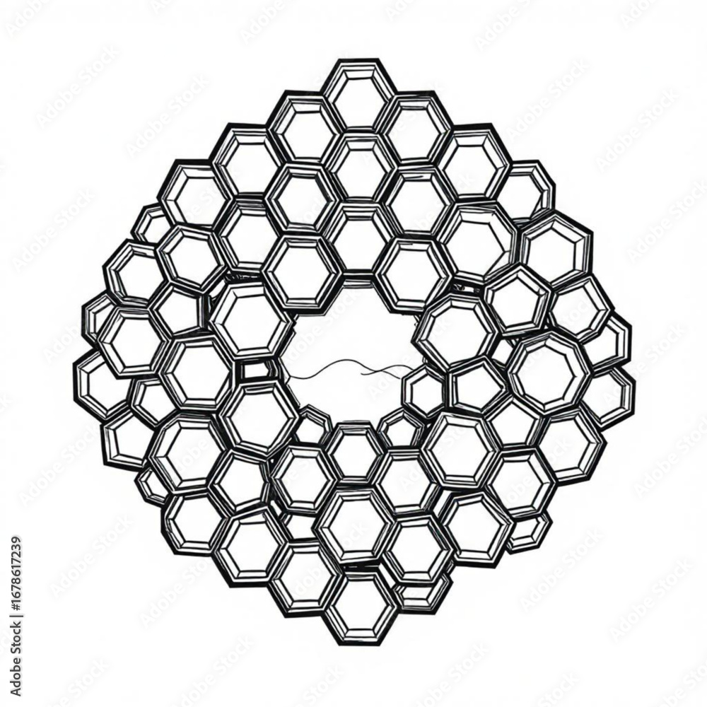 Poster minimilist complex hexagonal lattice structure forming a rounded shape with a central void and wavy 