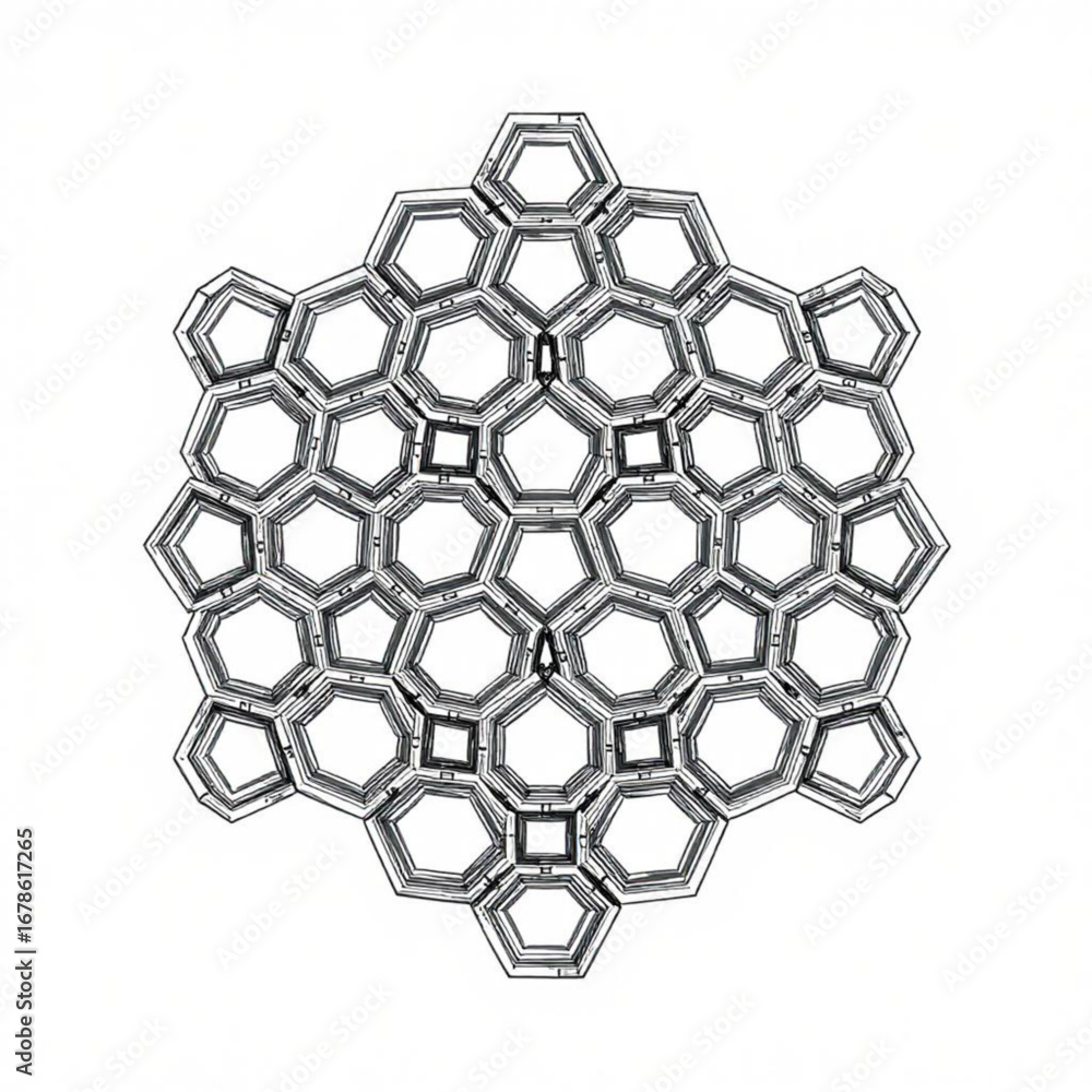 Poster minimilist geometric arrangement of pentagons hexagons and squares forming a complex symmetrical pat