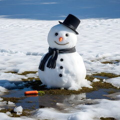 Obraz premium A cheerful snowman wearing a black top hat and scarf begins to melt in the spring sun, with a carrot lying in a puddle nearby.