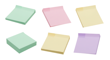 Six stacks of colorful sticky notes in pastel shades, neatly arranged on a white background, perfect for quick notes, reminders, and organizing daily tasks