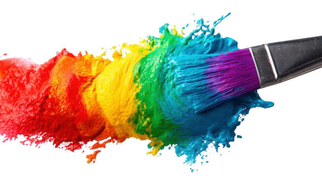 Paint splatters in rainbow colors, forming a stylized shape
