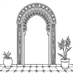 Minimilist ornate archway with decorative details and potted plants on a tiled floor in a black and white drawing vector