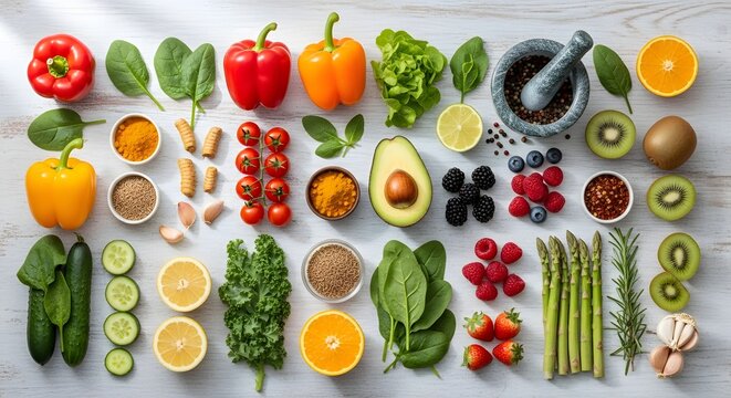 A vibrant and diverse collection of fresh organic fruits, vegetables, and aromatic spices laid out for healthy cooking and nutritious meal preparation, promoting a balanced lifestyle