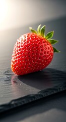 Fresh Red Strawberry with Green Leaves on Dark Surface in Natural Light