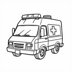 Minimilist a cartoon ambulance with a cross on the side and lights on top, in a black and white line drawing vector