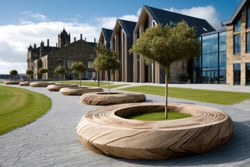 Outdoor campus scene with sculpted benches