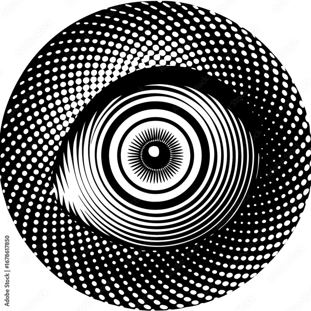 Poster minimilist circular design featuring concentric rings and halftone dot pattern in black and white il