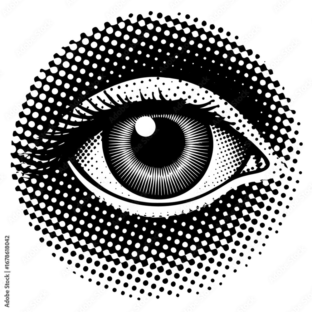 Poster minimilist eye illustration with halftone pattern in a circular shape black and white detailed graph