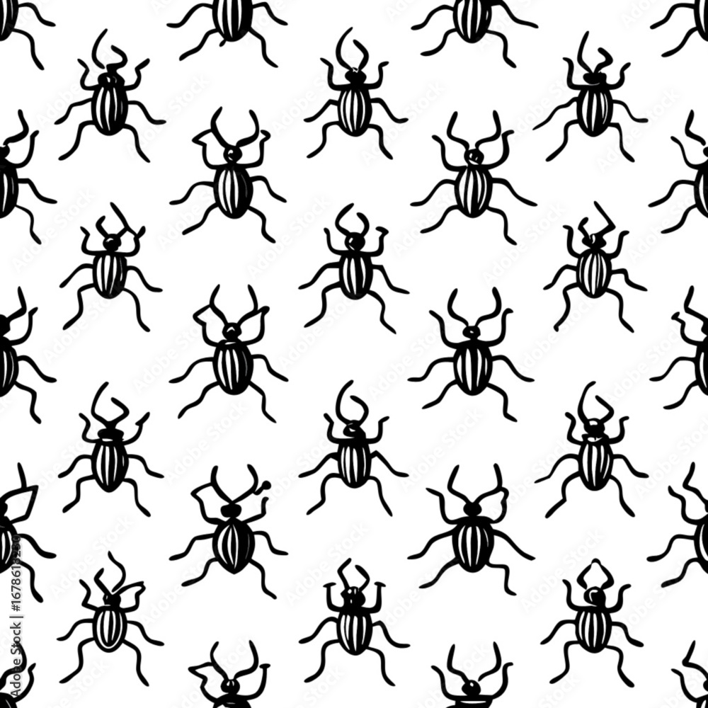 Aufkleber minimilist seamless pattern of black beetle illustrations on a white background in a repeated arrang