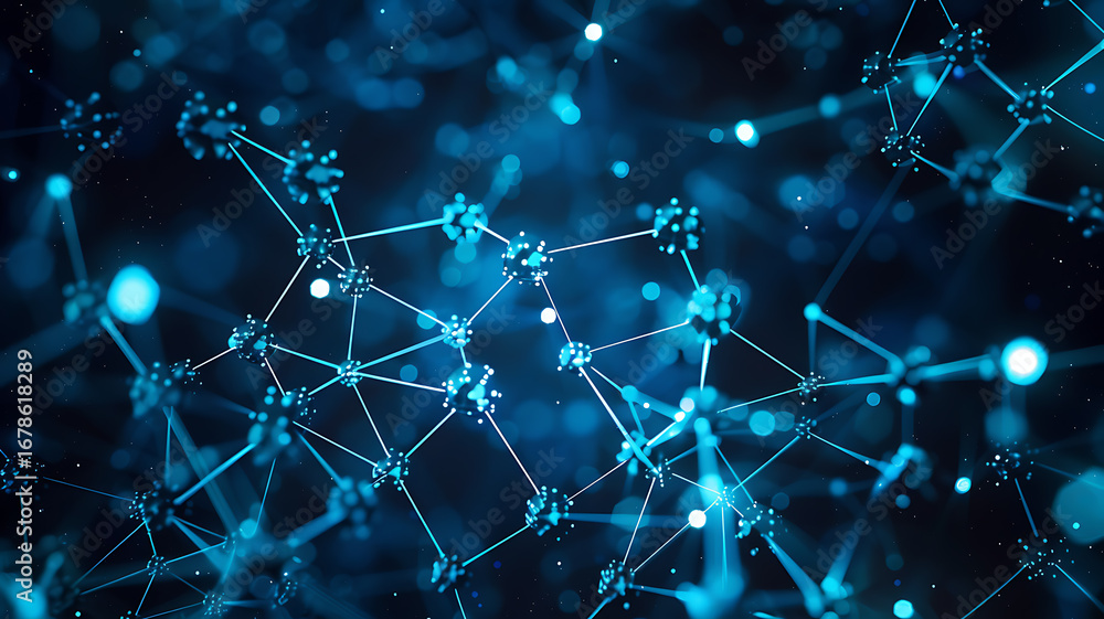 Aufkleber abstract blue network connection: data science, technology background with glowing nodes.