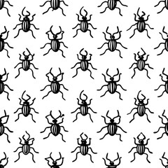 Minimilist seamless pattern of black beetle illustrations on a white background in a repeated arrangement design vector