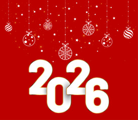Happy New Year 2026 with balls on red background.