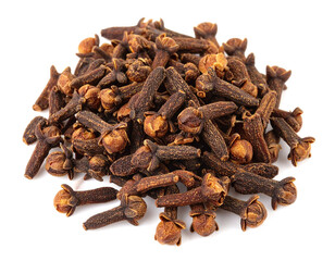 Obraz premium Pile of cloves aromatic spice dried flower buds on white surface