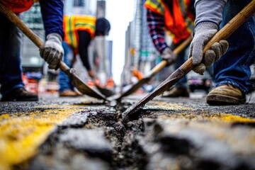 Urban street repair. Workers use shovels to excavate cracked pavement