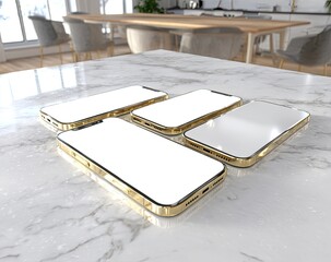 Four gold-edged phones on a marble table in a kitchen