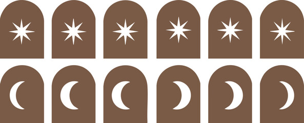 Obraz premium Boho arched windows showcase celestial stars and moons creating a serene, earthy atmosphere