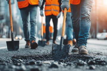 Road workers repairing pothole