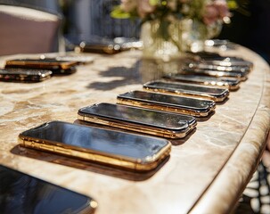Gold smartphones lined up on a table outdoors